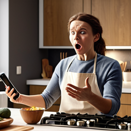 **

"A person wildly gesturing while cooking in a modern kitchen, a smartphone on the counter unintentionally sending a voice message to their boss. Humorous, slightly chaotic scene. Focus on the unintended activation of technology through gestures."

**
