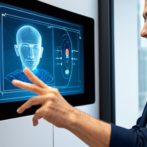 A focused professional, in a modest business casual outfit, interacting with a transparent holographic display in a high-tech modern office environment. The person's hand is performing a gesture, and the holographic interface responds with elegant, subtle predictive visual feedback, like a soft glow around a selectable icon, followed by clear reactive feedback, such as a smooth animation confirming selection. The scene emphasizes seamless human-computer interaction, showcasing the magic of making invisible gestures visible through intuitive design. The subject is fully clothed, appropriate attire, safe for work, perfect anatomy, correct proportions, well-formed hands, proper finger count, natural body proportions, professional photography, high quality, appropriate content, family-friendly.