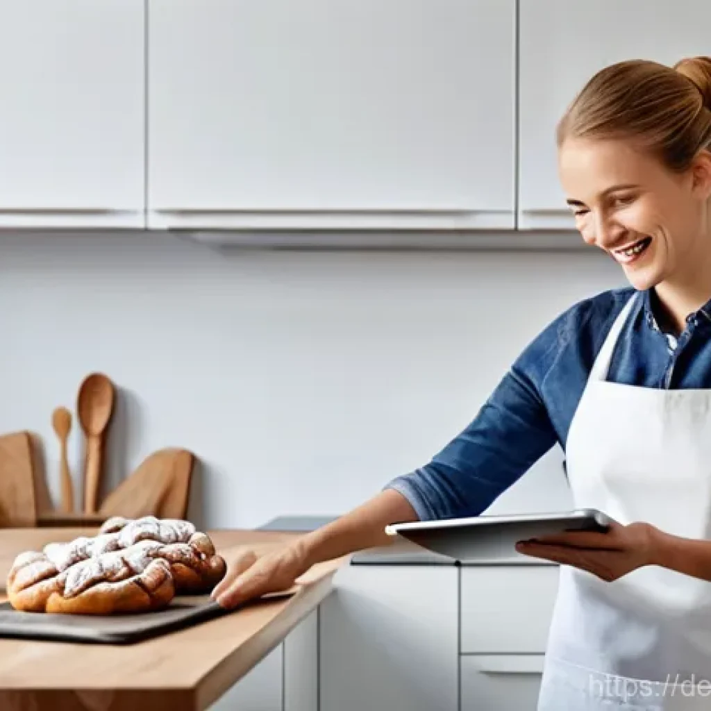 제스처 기반 인터페이스 사용 사례 - Smart Kitchen Interaction**
**Prompt:** A cheerful young woman, aged 25-30, wearing a stylish apron...