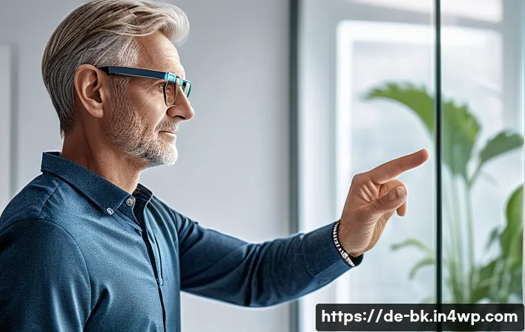 제스처 기반 인터페이스의 데이터 분석 기법 - A futuristic smart home interior scene featuring a middle-aged German man using intuitive gesture co...