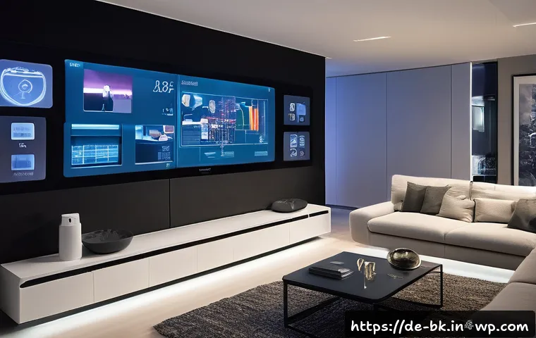 제스처 기반 인터페이스의 통합 관리 방안 - A high-tech smart home control room featuring a seamless integration of multiple gesture recognition...