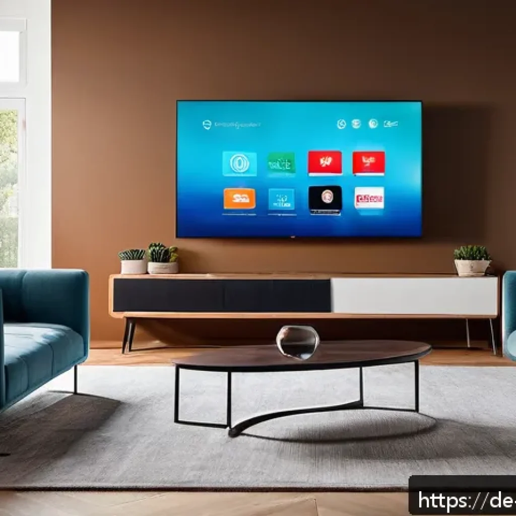 제스처 기반 인터페이스의 플랫폼별 차이점 - A modern German living room scene featuring a middle-aged person comfortably using a large Smart-TV ...