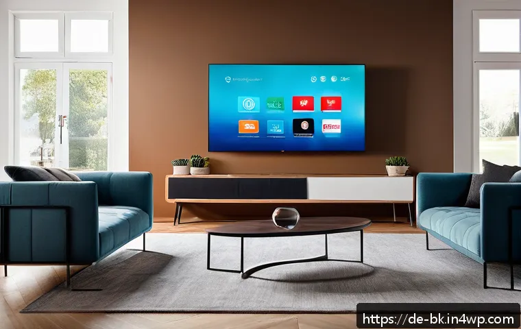 제스처 기반 인터페이스의 플랫폼별 차이점 - A modern German living room scene featuring a middle-aged person comfortably using a large Smart-TV ...