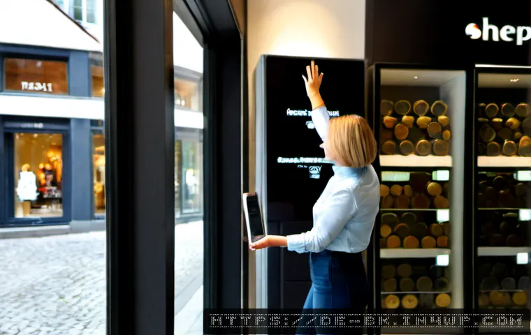 Home 17 제스처 기반 인터페이스의 경제적 영향 - Photorealistic modern German retail boutique, a customer in casual European clothing using a clear m...
