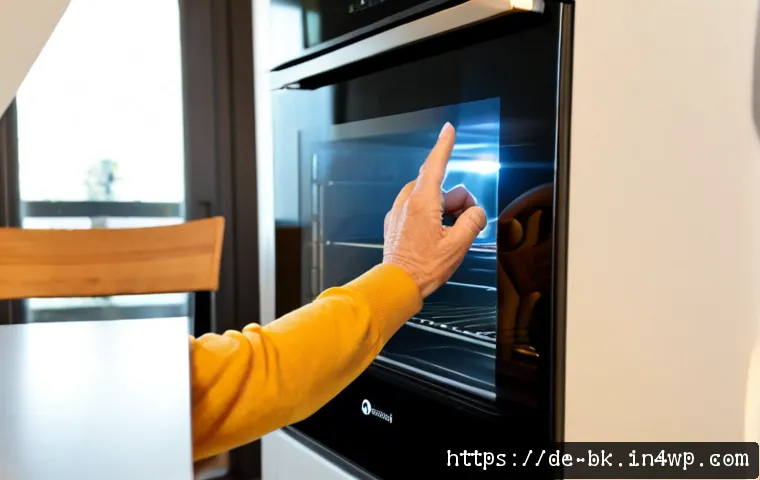 Home 17 제스처 기반 인터페이스의 안전성 문제 - Photorealistic modern German home kitchen, an older adult carefully using a touchless gesture-contro...